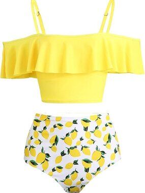 High Waisted Flounce Bikini Set,Tummy Control Swimsuits‎ for Women,Off Shoulder